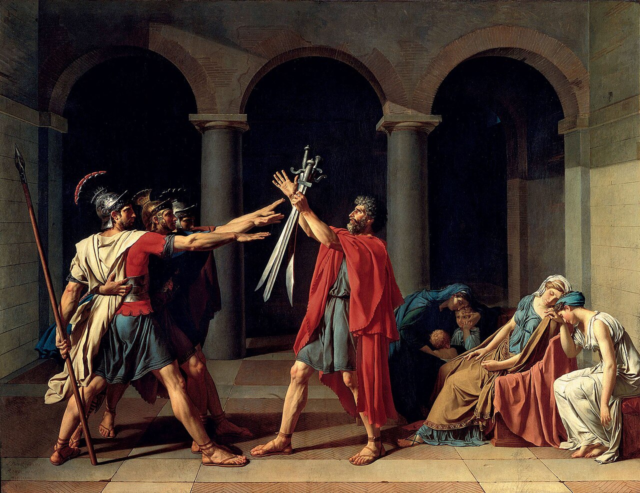 Lời thề của Horatii ; của Jacques-Louis David ; 1784; sơn dầu trên vải; 3,3 x 4,27 m; Louvre