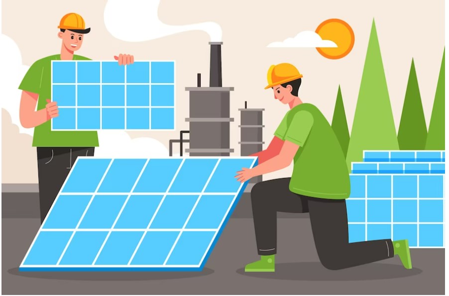 Hình ảnh người đàn ông đang lắp đặt hệ thống năng lượng mặt trời