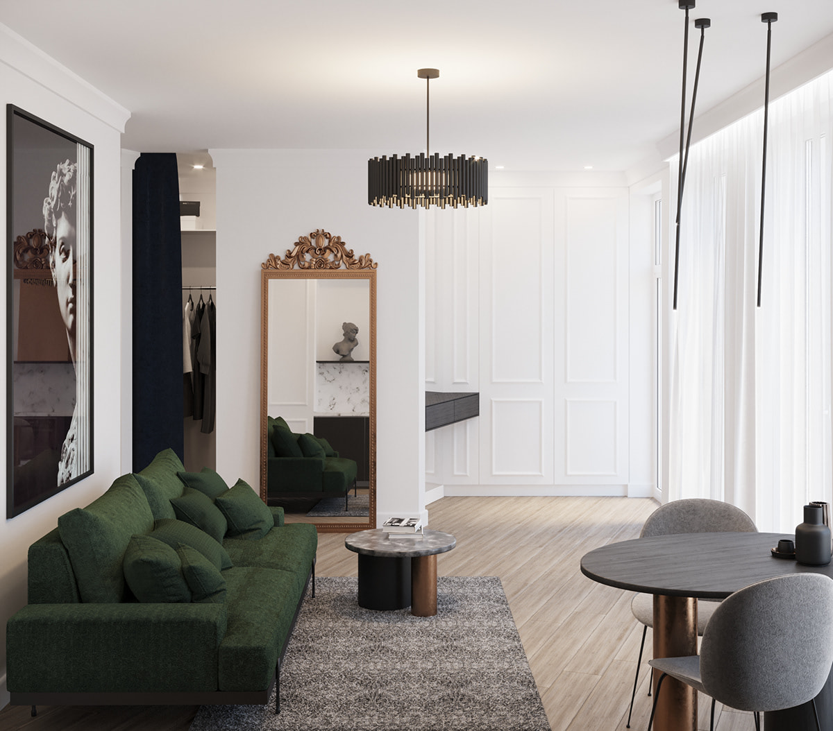 Tận dụng ánh sáng tự nhiên qua cửa sổ lớn và rèm cửa