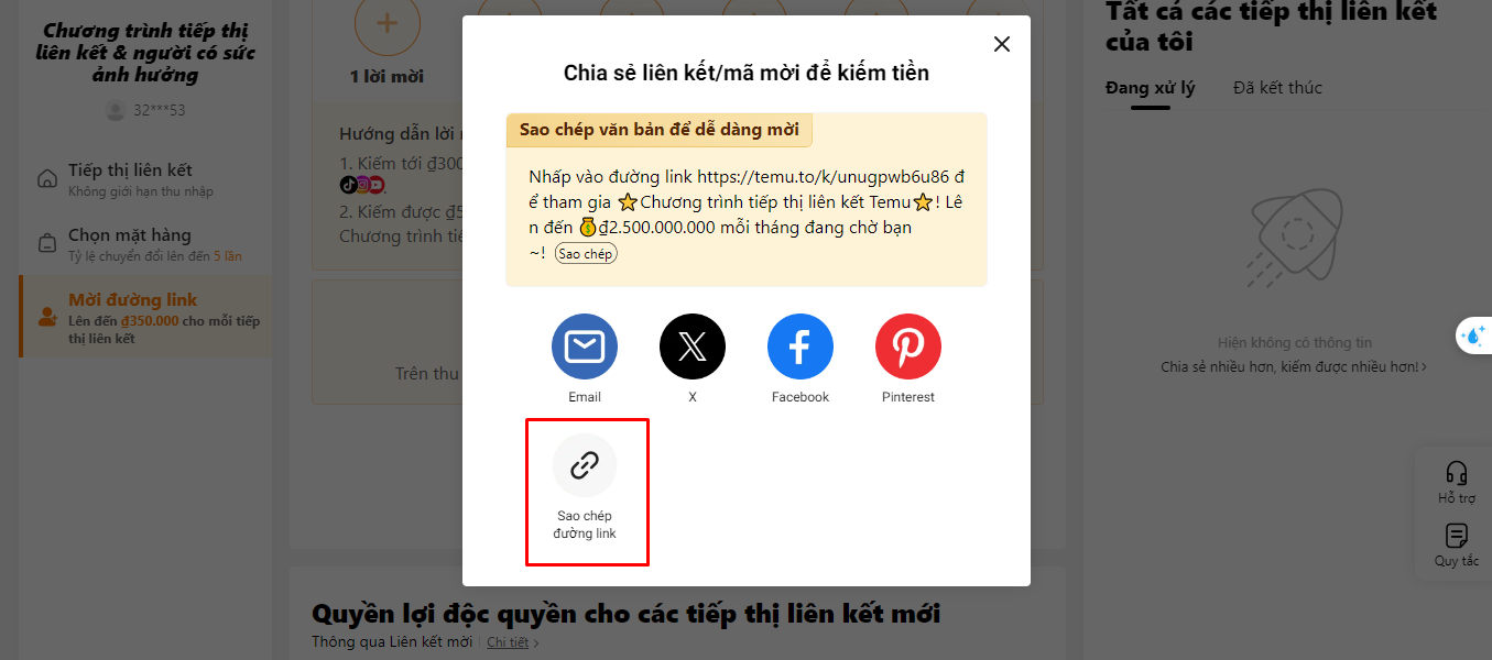 Sao chép link affiliate