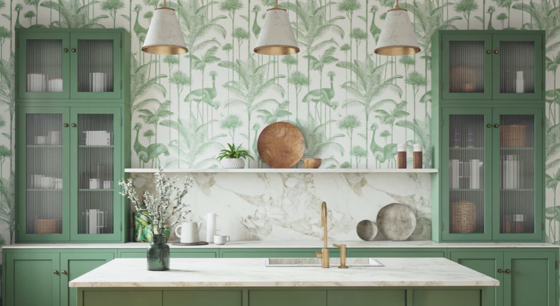 trang trí nhà bếp bằng gỗ và màu xanh