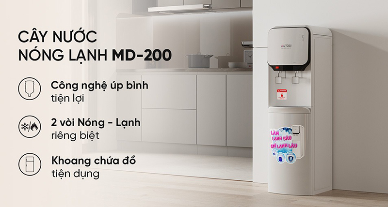 Cây nước nóng lạnh MD - 200 với ngăn chứa đồ phía dưới giúp người dùng lưu trữ được các loại cốc, ly, đồ uống… ngay trong cây nước nóng lạnh rất gọn gàng.